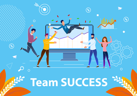 Flat Banner Team Success Vector Illustration. Successful Completion Project at Work. Thoughtful Management and Support Team Leads to Success Company. Men on Background Monitor Rejoice.のイラスト素材