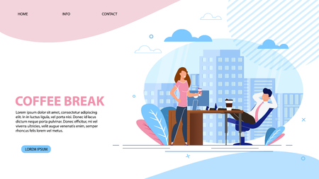 Vector Illustration Coffee Break Landing Page. Man and Woman are Resting in Office During Coffee Break. Girl Standing Near Table Colleagues in Office. Working Area and Aromatherapy.のイラスト素材