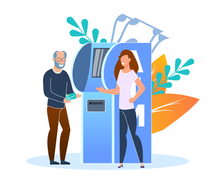 Credit or Debit Card Replenishment Terminal Flat. An Older Man Replenishes Credit Card at Bank Terminal. People are Standing Near Atm. Young Woman Helps an Older Man to Use Bank Equipment.のイラスト素材