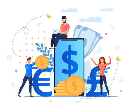 Profit from Currency Exchange Services Cartoon. Man Sits on Screen Large Smartphone. Mobile Application for Profitable and Convenient Exchange Currency Currencies. People Rejoice in Money.のイラスト素材