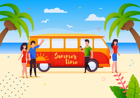 Happy Tourists on Summer Bus Trip Vacation Illustration. Cartoon Vector Character People Arrived to Tropical Country or Island. Passenger Service Vehicle. Happy Holidays. Road Adventure and Tourismのイラスト素材