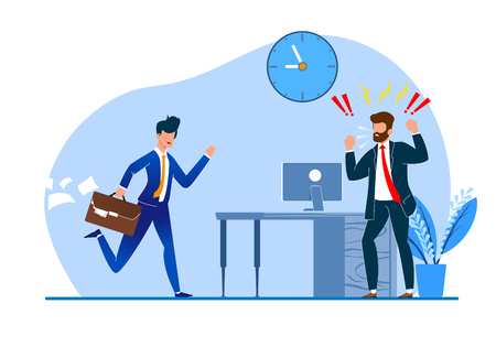 Vector Illustration Constant Late Arrival Flat. Chief Enraged Watching  Behavior Subordinate. Man Suit is Angry with Colleague for Failure to Meet Deadlines. Modern Worker Management.のイラスト素材