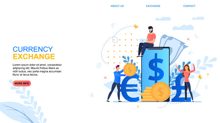 Flat Banner Inscription Currency Exchange Cartoon. Online Economy Applications for Quick Currency Exchange. People Rejoice at Favorable Exchange Rate. Vector Illustration Landing Pageのイラスト素材