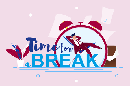 Vector Illustration Inscription Time for Break. Foreground is Large Inscription, Against Background Large Clock and Sleeping Man. Man in Suit is Resting on Hands Large Clock Face Cartoon.のイラスト素材