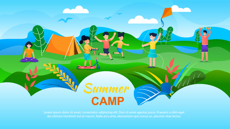 Summer Camp for Children Advertising Banner. Flat Cartoon Kids Playing with Kite, Scooting, Running on Valley. Man and Woman, Educators and Counselors Meditating, Doing Exercise. Vector Illustrationのイラスト素材