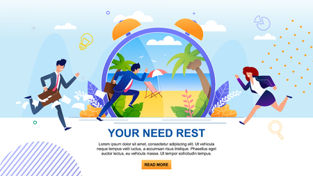 Your Need Rest Motivation. Cartoon Running Businesspeople. Flat Banner with Overloaded Male and Female Characters. Metaphor Huge Clock with Sunny Beach in Tropical Country. Vector Illustrationのイラスト素材