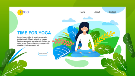 Time for Yoga Lettering. Outdoors Activity on Summer Vacation, Holidays, Weekends and Everyday Training. Motivation Landing Page with Meditating Woman Place for Advertising Text, Club and Company Logoのイラスト素材