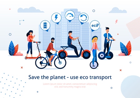Save Planet Use Eco Transport Vector Illustration. Man Ride Electric Bike Bicycle . Woman Ride Electro Scooter Monocycle Unicycle. Ecological Vehicle Advantage. Green Choice Benefitのイラスト素材