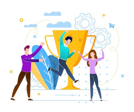 Victory With Prize Fund Vector Illustration. People Rejoice at Victory and Achievement Goal.のイラスト素材