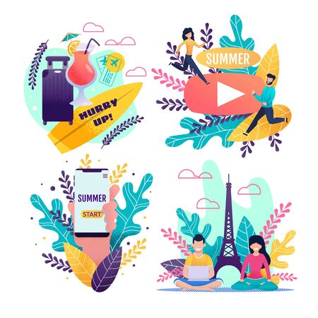 Invitation Card. World Travelling. Tropical Journey Set. Greeting Banner Kit with Travel Accessories, Cocktail Drink, Mobile Application, Cartoon Running and Resting People. Vector Flat Illustrationのイラスト素材