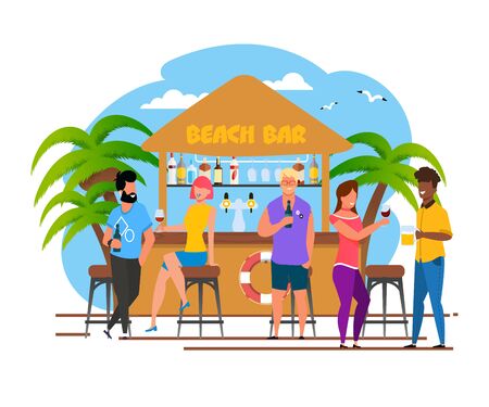Tourists Group Having Rest at Beach Bar Cartoon. Vacation in Southern Country. Relaxing with Alcoholic Drinks Visitors, Bartender Vector Illustration. Summer Recreation on Tropical Coastのイラスト素材