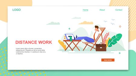Cartoon Man Sit in Beach Chair with Notebook Distance Work Outdoors Vector Illustration. Freelance Worker Internet Job. Male Freelancer Relax Freedom. Remote Work Computer Technology.のイラスト素材
