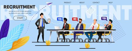 Recruitment. Staff Meeting. Landing Page Template. Flat Employees, Management Company, Men Business Suits Choose Candidate New Position, Job. Website, Web Banner, Vector Illustrationのイラスト素材