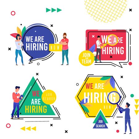 Set Bright Inscription we are Hiring Cartoon Flat. In Center Hexagon is Circle, Square and Triangle with Inscription. People are Standing Near Big Inscriptions. Vector Illustration.のイラスト素材