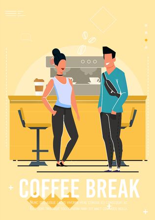 Coffee Break at Cafe Poster with Cartoon People Characters.のイラスト素材