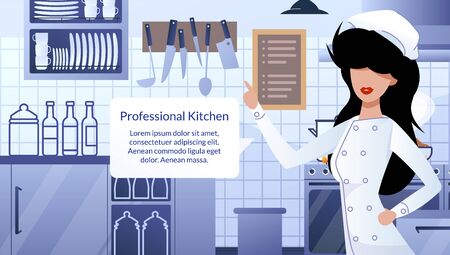 Restaurant Professional Kitchen Flat Vector Ad Banner or Promotion Poster Template. Female Chef in Uniform Standing in Kitchen Interior, Pointing with Finger on Info in Speak Cloud Illustrationのイラスト素材