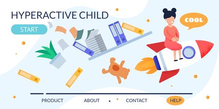 Cartoon Hyperactive Child on Rocket with Things in Mess. Metaphor Flat Design Landing Page. Naughty Girl Has Fun. Help For Parents in Kids with ADHD Diagnosis Personal Development. Vector Illustrationのイラスト素材