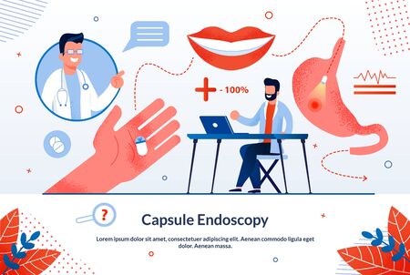 Advertising Poster Capsule Endoscopy Lettering. Equipment that Allows Performing Operations with Less Risk to Patients Health. Hand Holds Mini Video Camera for Examining Stomach. Vector Illustration.のイラスト素材
