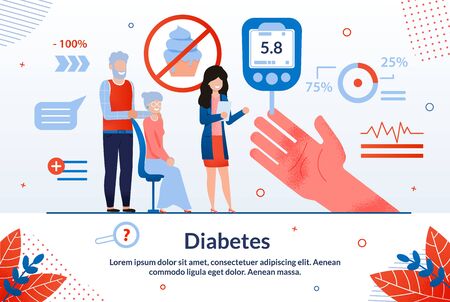 Informative Flyer Inscription Diabetes Cartoon. Medical Methods Using Characteristic Biochemical Features Studied Organism. Mature Husband and Wife Take Sugar Test in Laboratory Flat.のイラスト素材