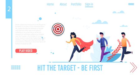 Motivation Landing Page for Video Business Courses, Coaching, Training. Hit Target and Be First. Cartoon Woman in Super Hero Red Cloak and Two Men Running after Characters. Vector Flat Illustrationのイラスト素材