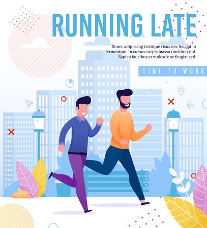 Flat Advertising Banner with Smiling Men Hurrying to Work. Running Late. Cartoon Smiling Guys, Office Workers Rushing to Job. Vector Flat City Street with Business Center High Buildings Illustrationのイラスト素材