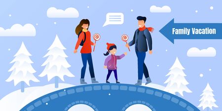 Happy Family Winter Activities Invitation Poster. Hiking, Walking, Camping in Forest. Cartoon Father, Mother and Daughter Standing on Bridge and Eating Lollypops. Vector Flat Illustrationのイラスト素材