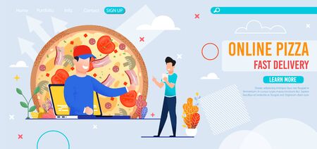 Flat Landing Page for Online Pizzeria with Fast Delivery Service. Cartoon Man Customer Making Fresh Pizza Order via Internet. Vector Friendly Smiling Salesman on Laptop Screen. Creative Illustrationのイラスト素材
