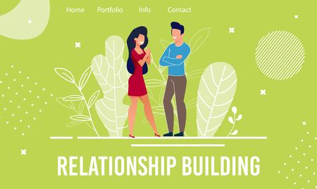 Landing Page Offers Help in Relationship Building and Development. Cartoon Man and Woman Characters Start New or Renew Old Relations. Friendship. Psychological Courses. Vector Flat Illustrationのイラスト素材