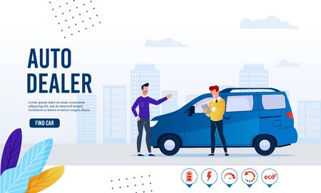 Webpage Banner Advertising Modern Auto Dealer Online Service. Find Ecological Green Electric Car for Purchase, Sharing or Rent. Cartoon Customer and Salesman Agent Agreement. Vector Flat Illustrationのイラスト素材