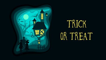 Halloween Trick or Treat Decoration. Paper Cut Style Traditional October Holiday Card. Creepy Scene with Horror Mansion and Evil Tree. Spooky Bat Silhouette in Moonlight. Flat Kids Character in Dark.のイラスト素材