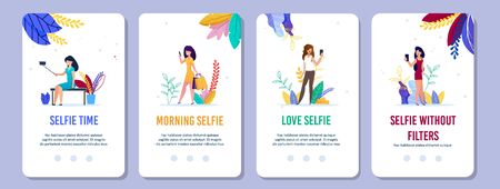 Selfie in Daily Life Design. Cartoon Woman Photographing in Different Situation in Morning, during Shopping or Rest in Park. Take Photos without Filters. Mobile Landing Pages Set. Vector Illustrationのイラスト素材