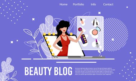 Fashion and Cosmetics Review Beauty Blog Flat Landing Page. Trend Makeup Tutorial and Video Content. Online Blogging Consultant. Internet Influencer. Vector Woman Blogger on Laptop Illustrationのイラスト素材