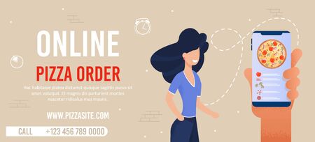 Flat Banner Advertising Online Pizza Order Service. Mobile App. Cartoon Woman Customer Character. Vector Huge Human Hand Holds Phone with Open Site. Contacts and Internet Address. Vector Illustrationのイラスト素材