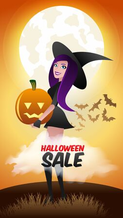 Halloween Sale Discount Vertical Banner. Cute Smiling Witch Girl Cartoon Character with Purple Hair in Hat Holding Scary Carved Creepy Face Pumpkin Lantern in Hand. Holiday Shopping Clearance.のイラスト素材