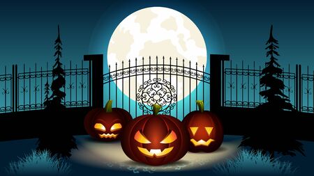 Halloween Cartoon Illustration. Group of Pumpkin Lantern with Different Face Expression and Inner Glowing Light near Fance with Castle Gate. Spooky Full Blue Moon at Night. October Holiday.のイラスト素材