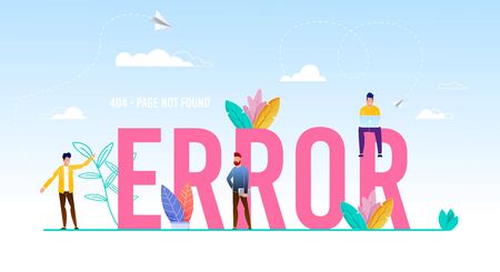 Error Word Capital Letters and Tiny People Users. Flat Poster with Sky, clouds, leaves Decoration. Cartoon Men Using Laptop, Social Media for Messaging. Disconnect, Page not Found. Vector Illustrationのイラスト素材