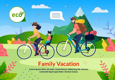 Family Vacation Eco Tour on Bicycle Poster. Cartoon Father, Mother and Daughter Characters Cycling Outdoors. Natural Mountain Road Flat Landscape. Exciting Journey on Bikes. Vector Illustrationのイラスト素材