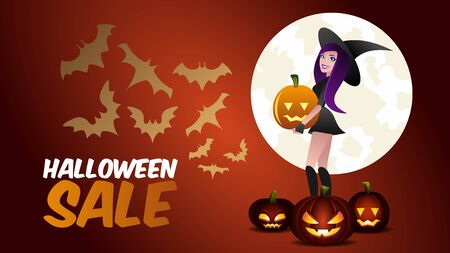 Halloween Sale Promotion Horizontal Banner. Elegant Cartoon Character of Witch Girl in Hat with Jack Pumpkin Scary Lantern and Bats Silhouette. Full Magic Moon behind. Special Autumn Advertisement.のイラスト素材