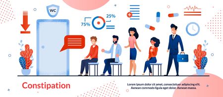 Constipation, Digestive Disorders Treatment Trendy Flat Vector Vector Banner, Poster Template. Suffering from Bowel Diseases Men and Women Characters Waiting in Corridor to Go in Toilet Illustrationのイラスト素材