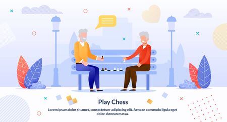 Cartoon Senior Men Friends Characters Playing Chess in Park Outdoors. Aged Smart Players. Strategy Game. Elderly People and Activities, Communion Hobby. Inspiration Flat Poster. Vector Illustrationのイラスト素材