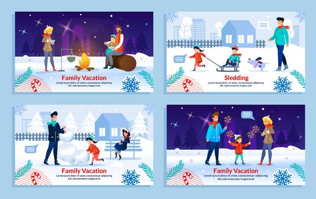 Cartoon Happy Family Characters Having Winter Rest on Holiday Vacation. Parents and Children in Warm Clothes on Picnic in Park, Celebrating New Year, Sledding. Flat Banner Set. Vector Illustrationのイラスト素材
