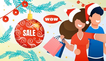 Christmas Sale, Winter Holiday Shopping Discounts, New Year Gifts Prices Special Offer Trendy Flat Vector Advertising Banner, Promo Poster. Happy Couple in Santa Hats Shopping Together Illustrationのイラスト素材