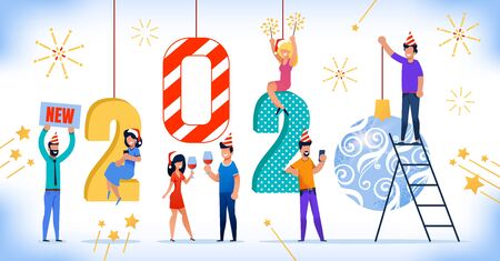 Happy Celebration of New 2020 Year, Winter Holiday Party Trendy Flat Vector Concept. Cheerful Men and Women in Holiday Santa Hats Drinking Wine, Making Selfie, Having Fun with Sparkles Illustrationのイラスト素材