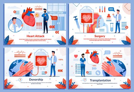 Medical Service Advertising Banner Flat Set. Heart Attack and Cardiovascular Diseases. Surgery and Transplantation. Donorships. Doctor and Patients Characters. Vector Cartoon Illustrationのイラスト素材