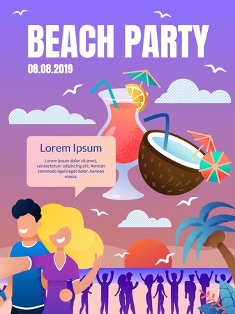 Vector Flyer Summer Beach Party Landing Web Page. Website, Banner, Poster, Illustration Dance Beach Party. Guy and Girl Taking Selfie Background Dancing People, Coconut, Cocktail, Sunset, Malmaのイラスト素材