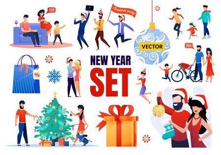 Christmas, New Year Winter Holidays Vector Set. Cartoon Happy Family Characters in Festive Hat and Clothes Celebrating Party at Home, Outdoors. Winter Discounts on Gifts. Vector Flat Illustrationのイラスト素材