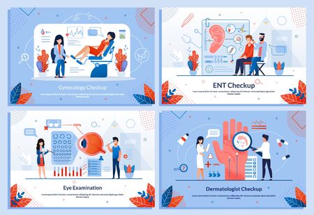 Important Medical Checkup Promotion Banner Flat Set. Cartoon Doctor in Uniform and Patient Characters Communication. Gynecology, ENT, Dermatology, Eye Examination. Vector Text Illustrationのイラスト素材