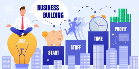 Informative Banner Inscription Business Building. Stages from Start, Professional Staff, Investing Time and Making Profit. Man in Suit Meditates Sitting on Big Light Bulb, Inside Inscription Idea.のイラスト素材