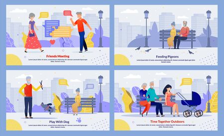 Relatives Spend Time Outdoors Together Banner Set. Cartoon Mature Married Couple Meeting or Playing with Dog, Young Mother with Newborn and Senior Parents Walking in Park. Vector Illustrationのイラスト素材