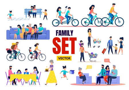 Happy Family Relatives Characters Vector Flat Set. Cartoon Parents and Children, Grandparents and Grandchildren Rest, Meeting, Talking, Having Fun, Shopping, Cycling. Vector Illustrationのイラスト素材